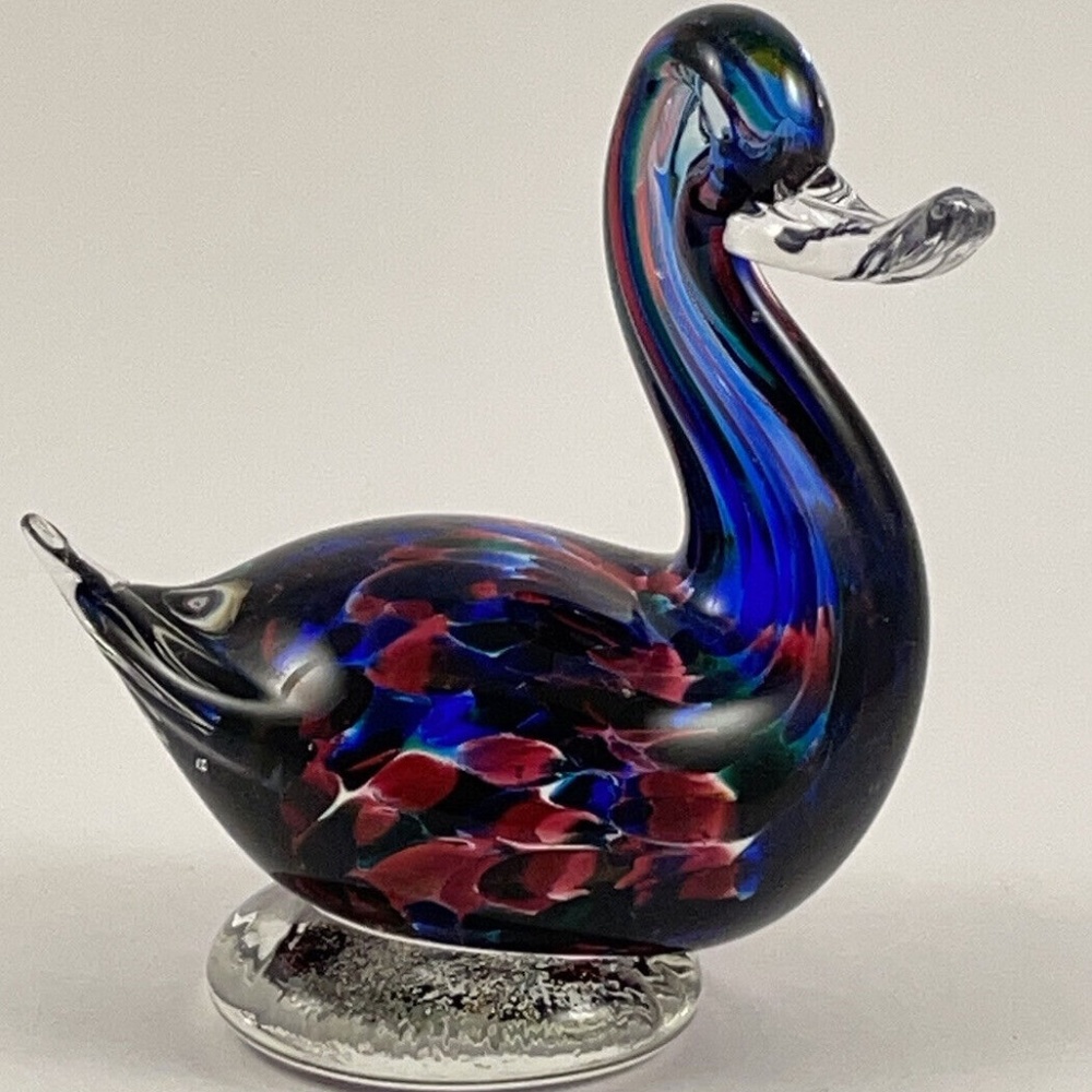 Vintage Art Glass Duck Blue Red Figurine Paperweight *Read